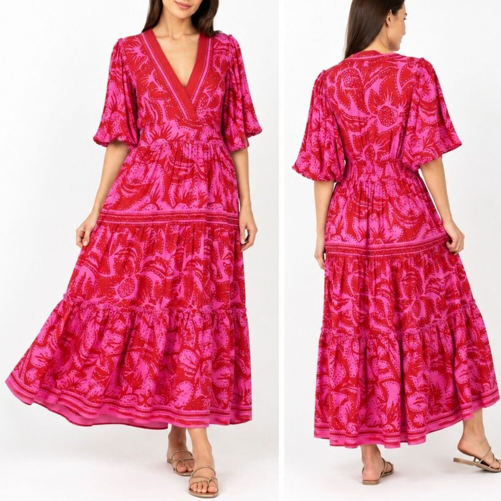 Omika Sloan Maxi Dress Medium Red Pink Grapefruit Tierred V-neck Balloon Sleeves